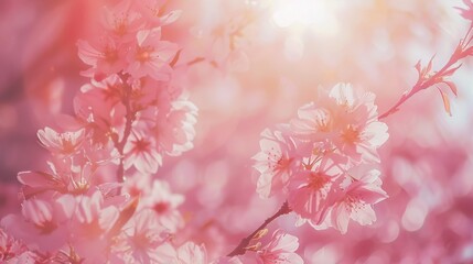 Wall Mural - A close-up shot of radiant pink cherry blossoms with sun-drenched petals, radiating warmth and natural beauty.