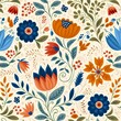 © kinara art design - Seamless pattern with orange, blue and red flowers, leaves and swirls on a light background.