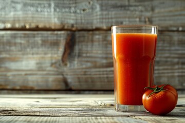 Glass of fresh tomato juice with a ripe tomato on a wooden background