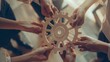 © VK Studio - Hands of diverse individuals holding and connecting a large gear, symbolizing teamwork, unity, and collaborative effort.