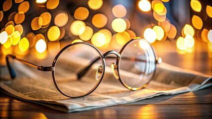 Close-up of round glasses laying on a newspaper with blurry lights in background , eyewear, spectacles, circular