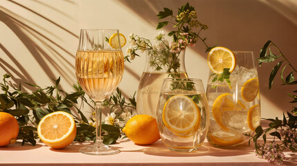 Refreshing summer cocktails with citrus and herbs, elegant glassware arrangement in warm sunlight, evoking relaxation and celebration