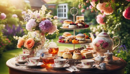 High-resolution stock photograph of Elegant afternoon tea with scones, clotted cream, and finger sandwiches, on a tiered stand set in a garden with flowers in the background, food photography