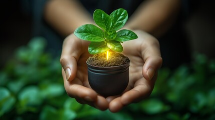 Sticker - Person holding a small plant with glowing light in the soil.