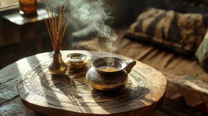 Fototapete - Steam rises from a bowl of tea placed on an intricately carved wooden table, surrounded by warm sunlight and rustic decor.