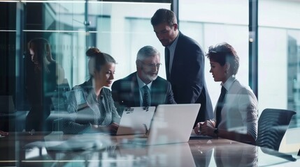 Wall Mural - Colleagues gather around a laptop in a modern office, deeply engaged in a collaborative discussion with natural daylight streaming in.