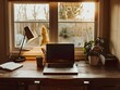 © AntonioJose - Cozy home office with a laptop and coffee at sunrise