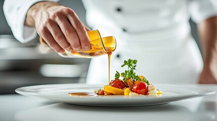 Artistic close-up of a chef's hand elegantly pouring sauce onto a dish, the action captured against a clean white background