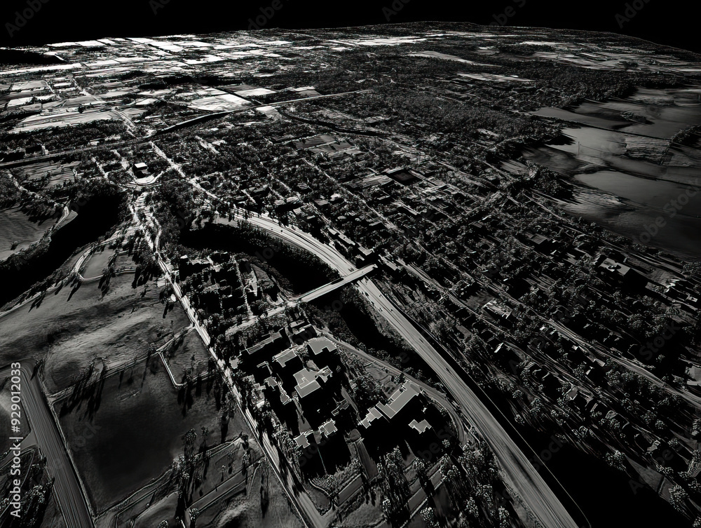 Technical aerial visual, 3D LiDAR GIS aerial map satellite scan model ...