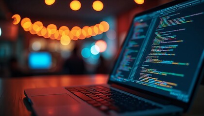 Tech Developer's Laptop with Software Code on Screen