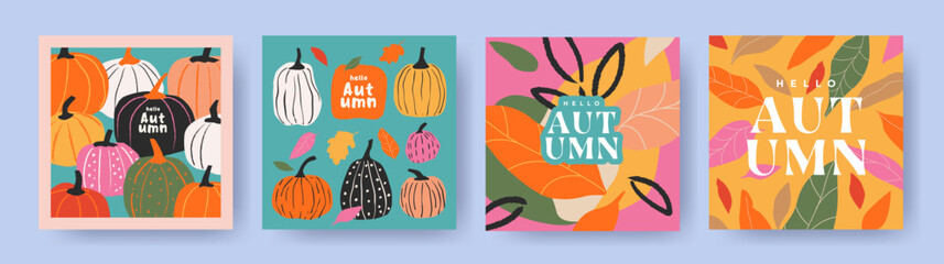 Wall Mural - set of trendy art style abstract autumn greeting card, poster, cover, with bright beautiful leaves a