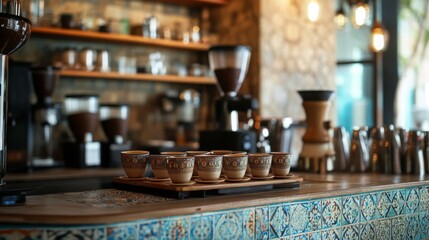 Fototapete - A warm coffee shop features artisan cups on a wooden tray, with brewing equipment and a decorative tile counter illuminated by soft morning light.