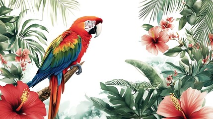 Scarlet Macaw Perched on a Branch Amidst Lush Tropical Foliage and Blooms