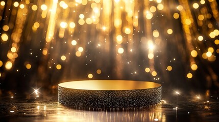 Wall Mural - Round podium with sparkling gold and silver lights, placed on a background of mesmerizing golden light effects