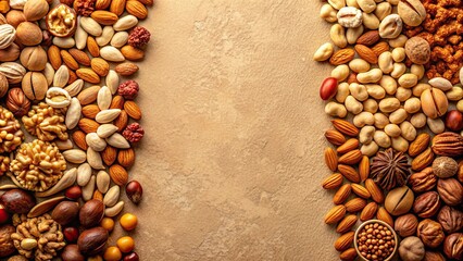 Assorted nuts on beige background, healthy snack concept, nuts, almonds, cashews, pistachios, walnuts, healthy, snack, food