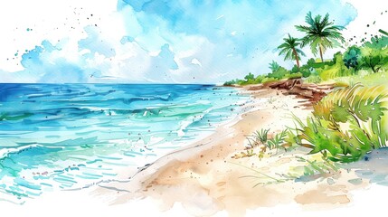 Wall Mural - Watercolor painting of a serene tropical beach with palm trees, clear blue ocean waves, and a sandy shore under a bright sky.