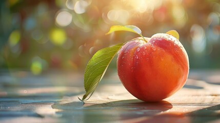 a juicy peach with a slight bloom on the skin, shiny dew drops glistening under sunlight,