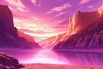 Canvas Print - Pink Sunset Mountain Landscape Illustration