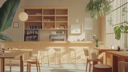 Fototapete - Warm sunlight streams through large windows, illuminating a minimalist cafe adorned with wooden tables, chairs, and plants.