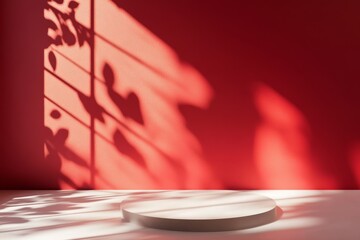 Canvas Print - A minimalist scene with a circular base against a rich red wall, enhanced by subtle shadows adding depth