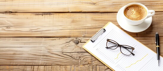 Top view of a wooden desk with a clipboard, glasses, pen and a cup of coffee. Perfect for business or office scenarios.