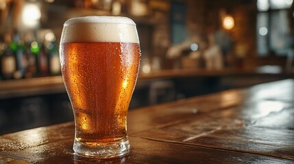 Wall Mural - A close up shot of a frothy pint of amber craft beer, with condensation on the glass, set on a wooden bar counter with a warm, rustic pub ambiance