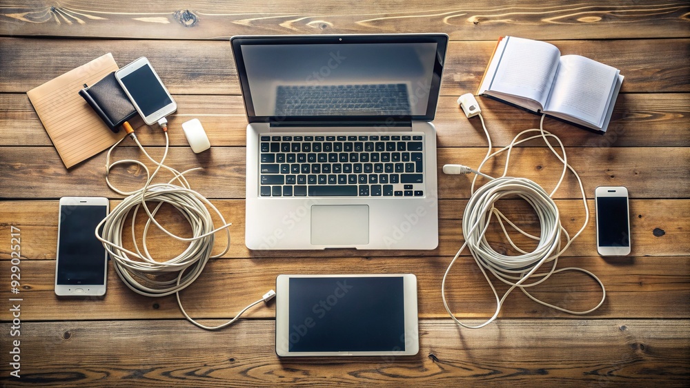 Modern digital devices on a wooden desk, including a laptop, tablet ...