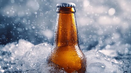 Wall Mural - A creative shot of a craft beer bottle submerged in ice, with the condensation on the glass and ice crystals forming around the neck of the bottle