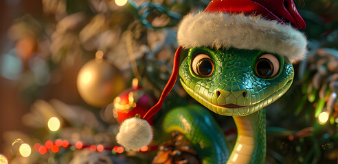 Wall Mural - background with new year decoration and snake in santa claus hat, symbol of 2025. banner