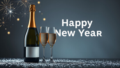 Happy New Year. Champagne bottle with two glasses,sparkling Glitter with copy space. New Years Eve celebration concept background isolated with white highlights, png