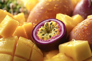 Wall Mural - Close-up of a freshly cut passion fruit surrounded by mango chunks, creating a vibrant and tropical display of flavors