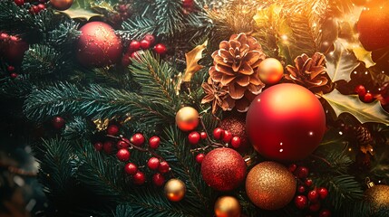 Close-up of Christmas decorations with red ornaments, pine cones, and holly leaves.