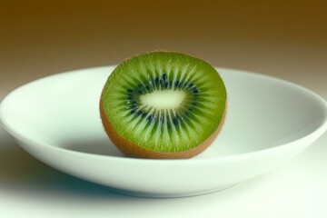 A fresh, halved kiwi fruit placed on a white plate with a gradient background.