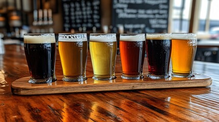 Wall Mural - A flight of craft beers in various shades, from pale ale to stout, served on a wooden paddle, with a chalkboard displaying the beer names in the background