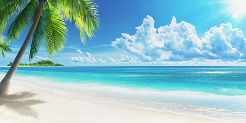 Wall Mural - Beautiful beach scene with crystal clear blue water, white sand beach, palm trees swaying in the wind, sunny day, bright, realistic. Image generated by AI