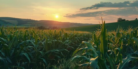 Wall Mural - Sunset over a lush green cornfield in rural scenery