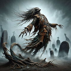 Wall Mural - a zombie emerging from the ground in a graveyard generative ai