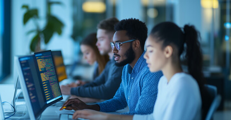 a group of young professionals coding together in a sleek, well-lit office space. the team members a