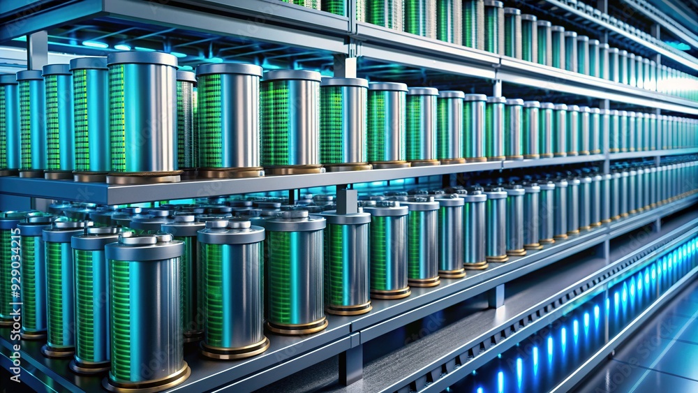 Modern lithium-ion batteries lined up on a shelf, showcasing advanced ...