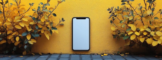  A modern smartphone with a sleek black frame and a blank white screen is displayed against a vibrant yellow background. The phone is centered and viewed from above, emphasizing its minimalist design 