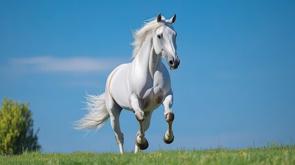 A majestic white horse galloping freely across a lush green field under a clear blue sky, showcasing its grace and beauty.