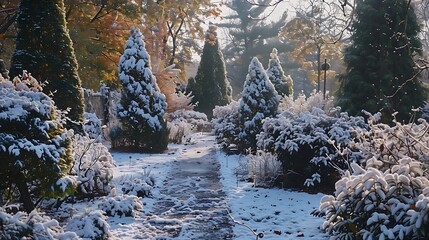 Lovely garden view in the winter or late fall with snow covered fir and the first frost