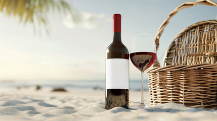 Bottle of wine with blank mock-up labels with a wicker picnic basket for a picnic on the sandy beach.