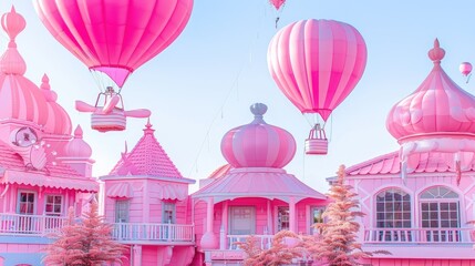 Poster - hot air balloons in pastel colors floating over houses