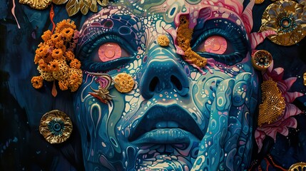 Wall Mural - Surreal Portrait with Intricate Patterns and Vivid Colors