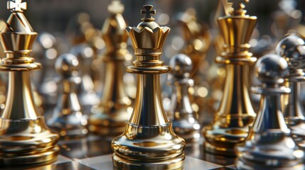 Shot of CHESS concept gold and si king surrounded with SILVER and GOLD chess pieces on game competition, chess battle, victory, success, team leader, teamwork, business strategy concept.3d rendering.