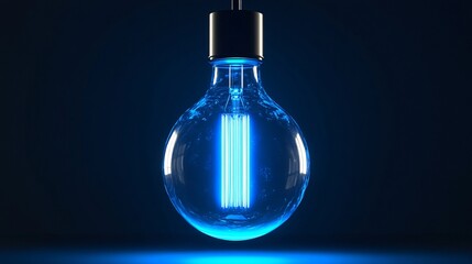 Wall Mural - A futuristic light bulb design with a holographic filament, suspended in a sleek, transparent casing, emitting a cool blue light