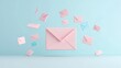 © Elshad Karimov - A 3D mail envelope icon with a contact sheet on a pastel background, representing a minimal email letter concept. Includes a 3D mail address and message icon in the vector render illustration