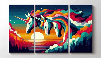 Wall Mural - HD triptych art of abstract unicorns at twilight, bold colors, geometric shapes, modern art, acrylic on canvas