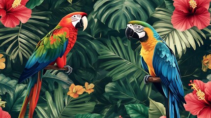 Two Colorful Macaws Perched on Branches Amidst Lush Tropical Foliage and Flowers